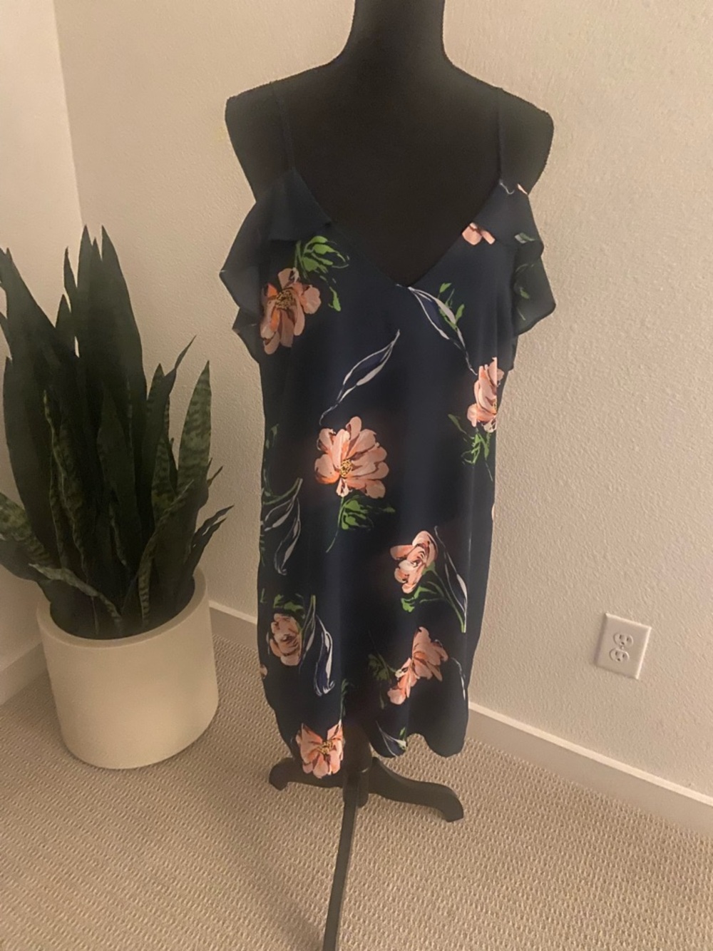 Floral Ruffle-Trim Midi Dress in Navy and Pink